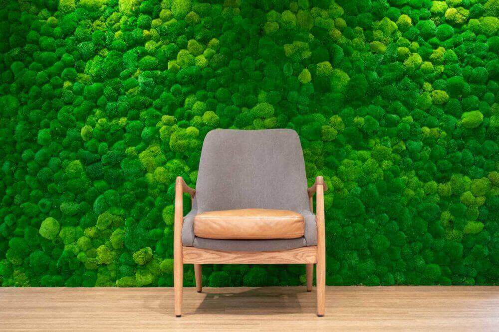 Green mossy wall behind a grey and wood chair