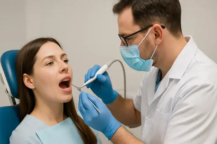 A realistic picture of a dentist examining a patient's mouth