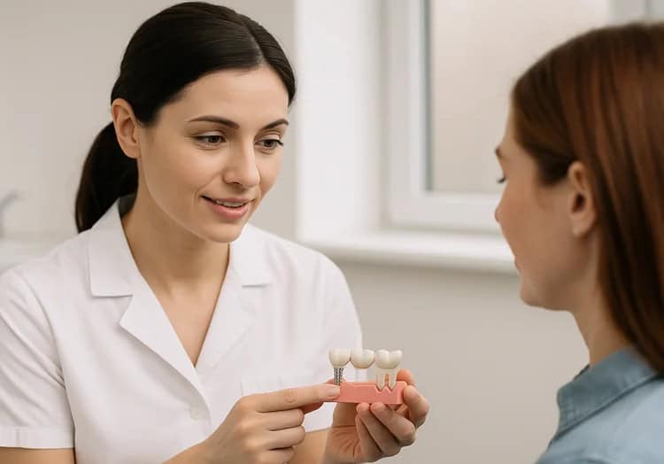 A picture of a dentist showing bridges vs implants to a patient
