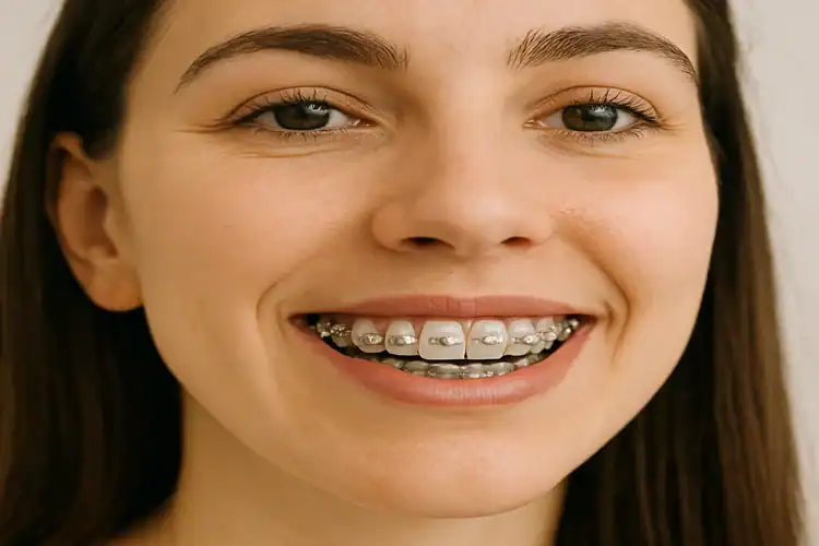A picture of a lady showing her orthodontics