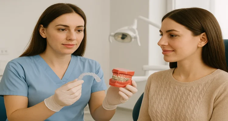 A picture of a dentist showing the patient Invisalign vs Braces