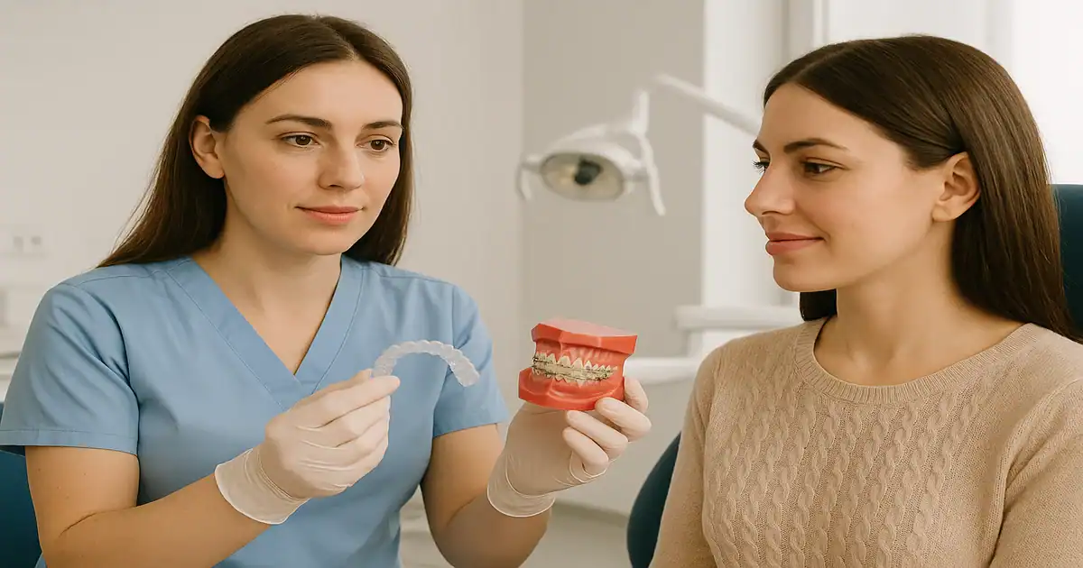 A picture of a dentist showing the patient Invisalign vs Braces