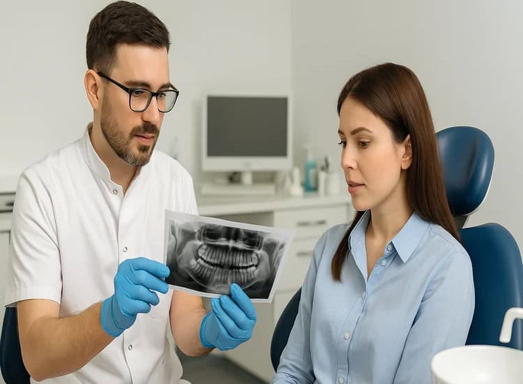 a picture of a dentist showinng the patient their dental scan