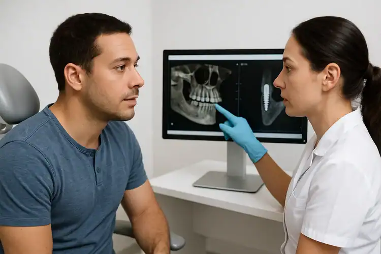 A realistic picture of a dentist explaining the dental scan to the patient