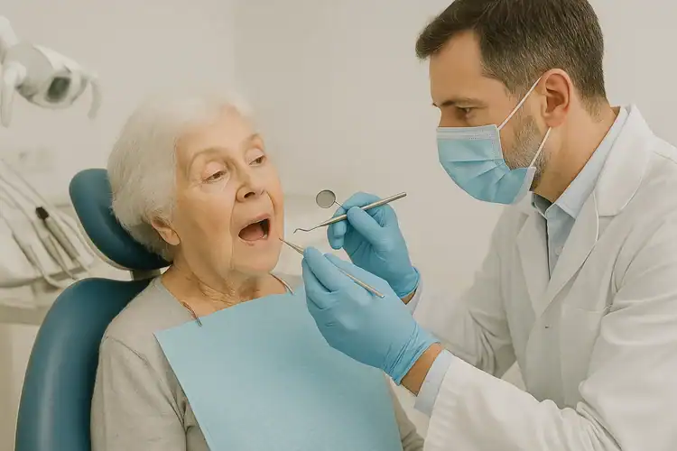 A picture of an old lady receiving dental care