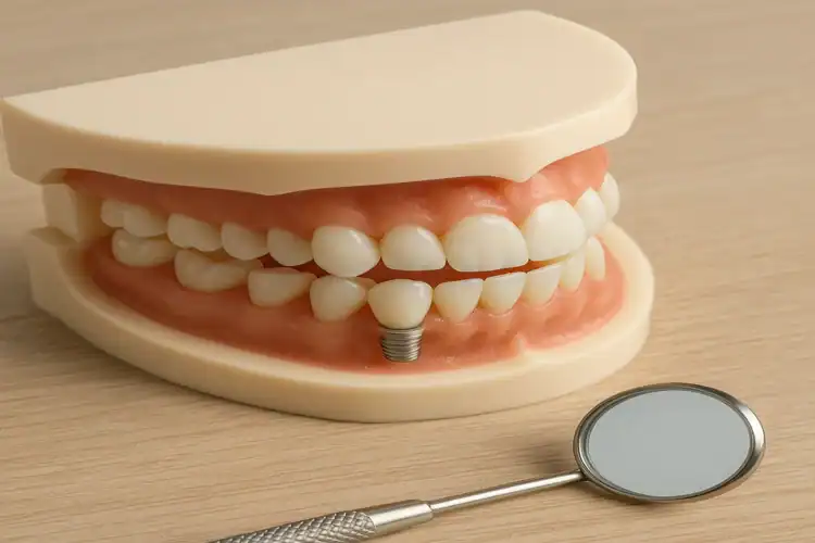 A picture of clean set of teeth with one single dental implant