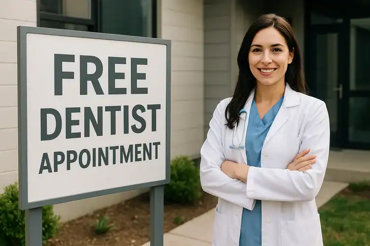 A picture of a doctor with a saign taht says free dentist appointment