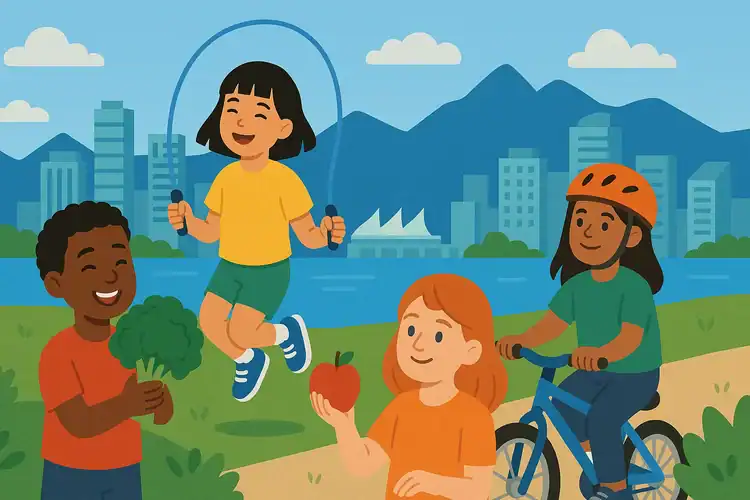 A cartoon picture of kids representing healthy kids program