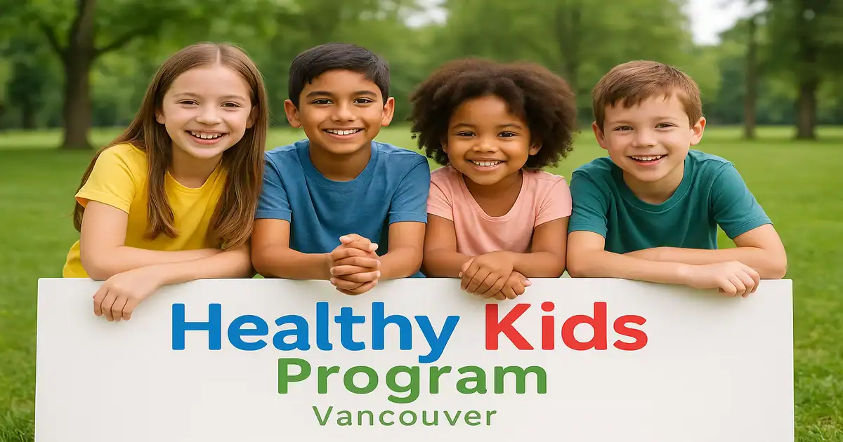 a picture of 4 kids demonstrating healthy kids program