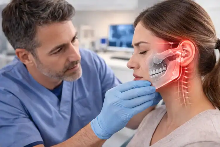 A dentist examining the patient's tmj problems