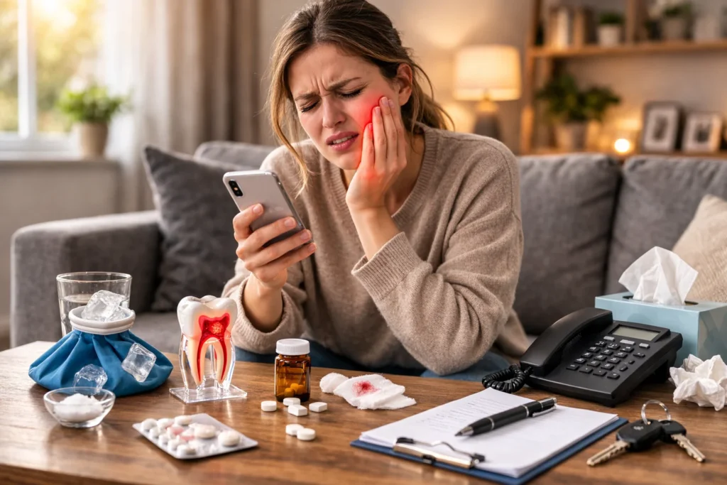 A picture of a woman calling for emergency dental care