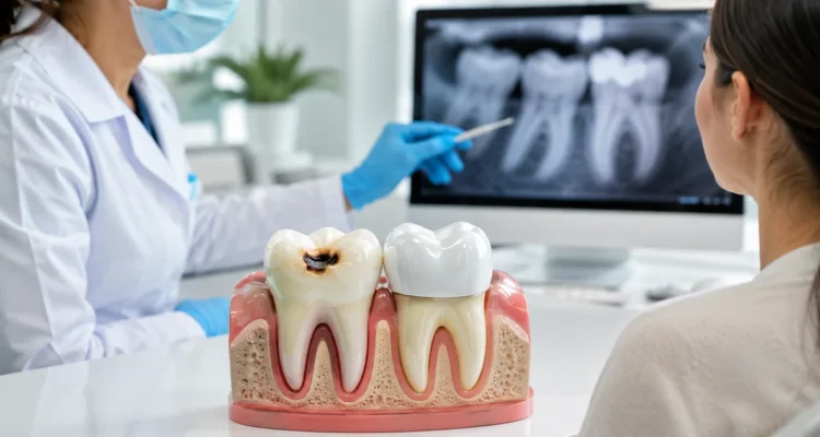 a picture representing a dental crown and a dental filling