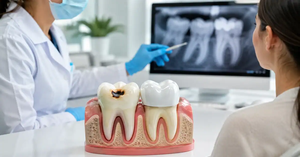 a picture representing a dental crown and a dental filling