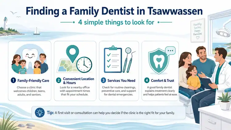 A 4 step infographic about choosing a family dentist